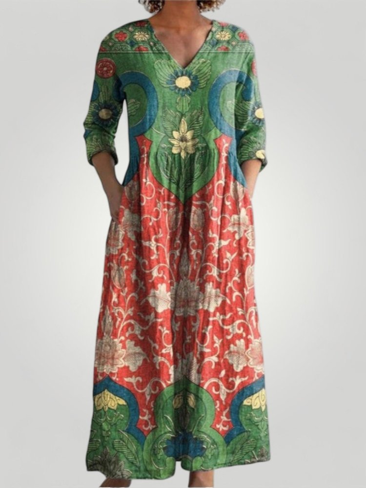 Maxikleid Langarm mit Vintage Floral Eleganz - Nordic Boutique & Co.